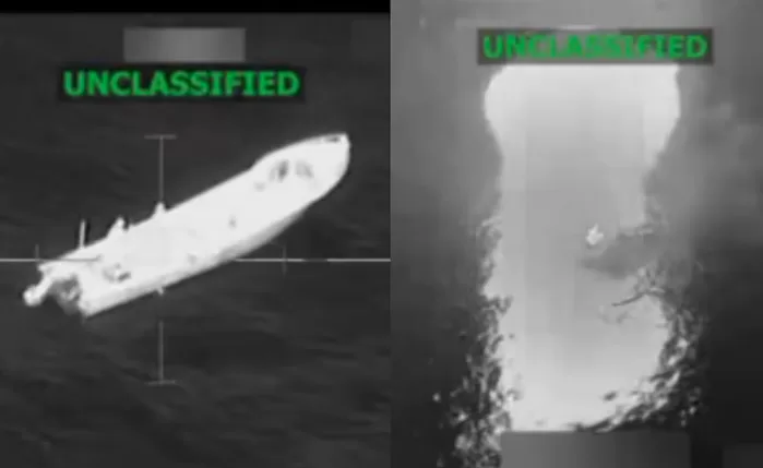 Momento del ataque con misiles balísticos contra dos lanchas atribuidas a organizaciones terroristas designadas. | Imagen: Captura de video difundida por @SecWar en X